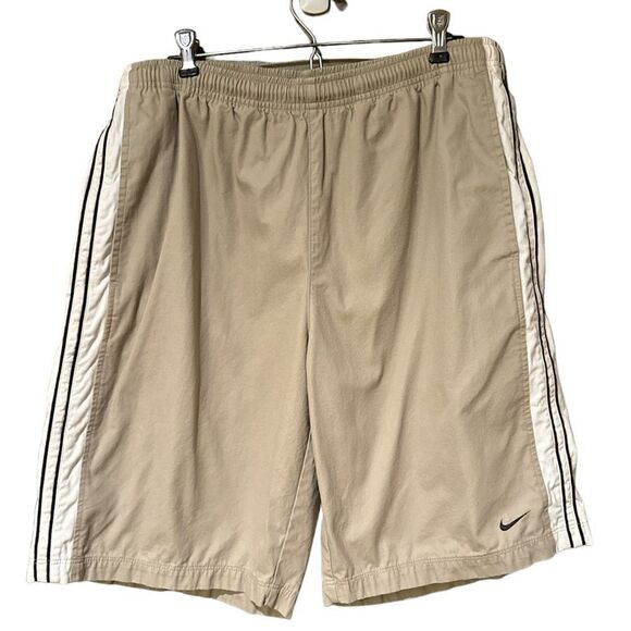 Nike Khaki Shorts With Stripes On The Side PullOn Size Large Elastic Waist - Picture 1 of 7